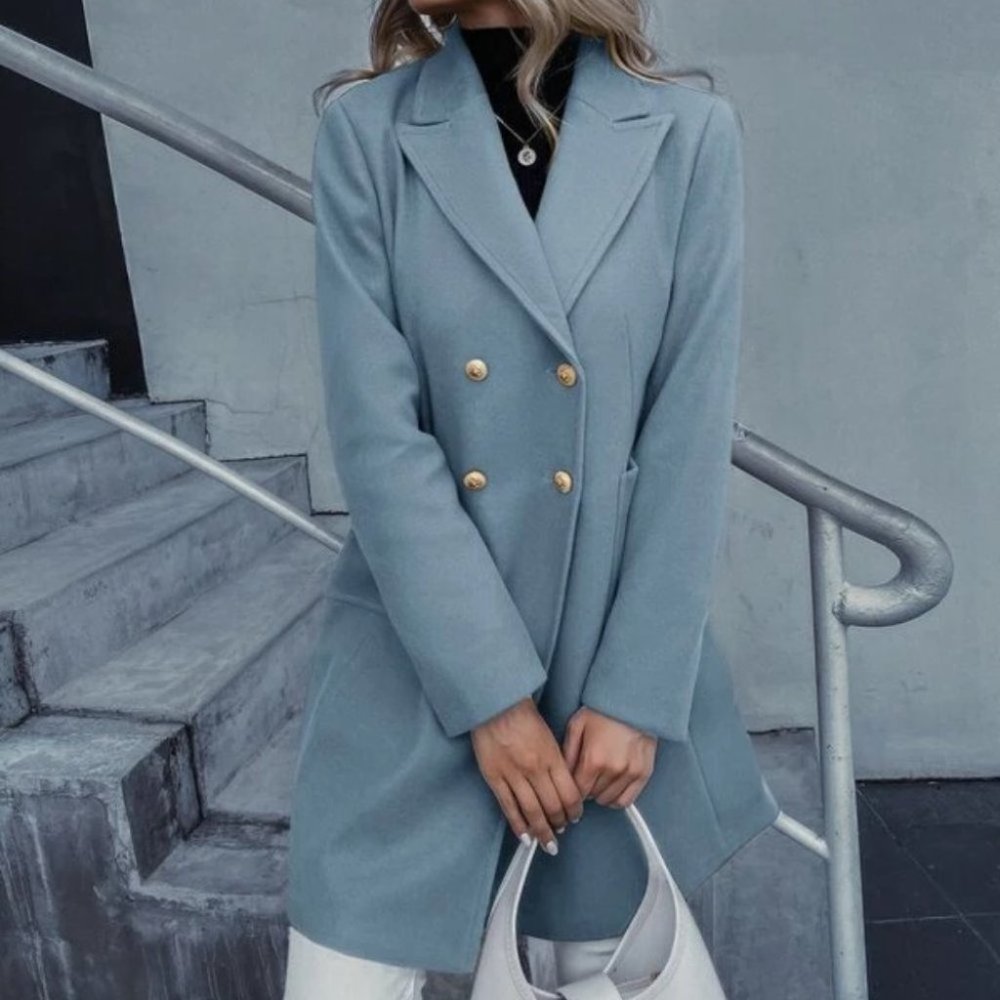 Double Breasted Lapel Collar Button Up pocketed Overcoat Blue - Picture 4 of 8